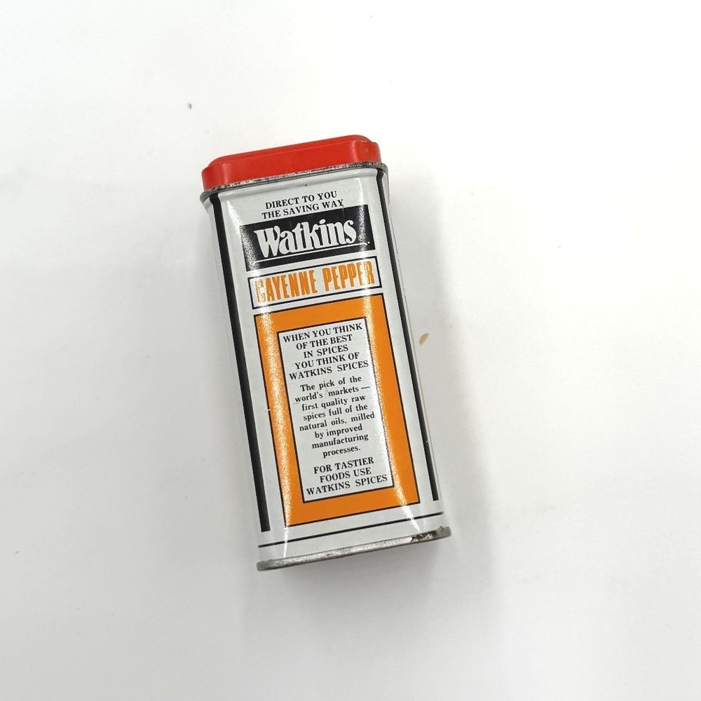 Vintage Watkins Cayenne Pepper Spice Tin Red Lid 1950s–70s Metal Can Advertising
